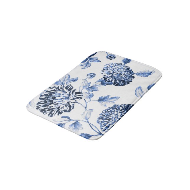 Periwinkle Blue & White Botanical Floral Toile No2 Bathroom Mat (Angled)