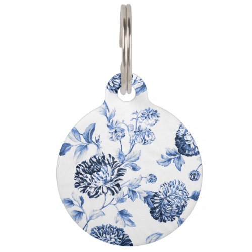 Periwinkle Blue  White Botanical Floral Toile Pet ID Tag