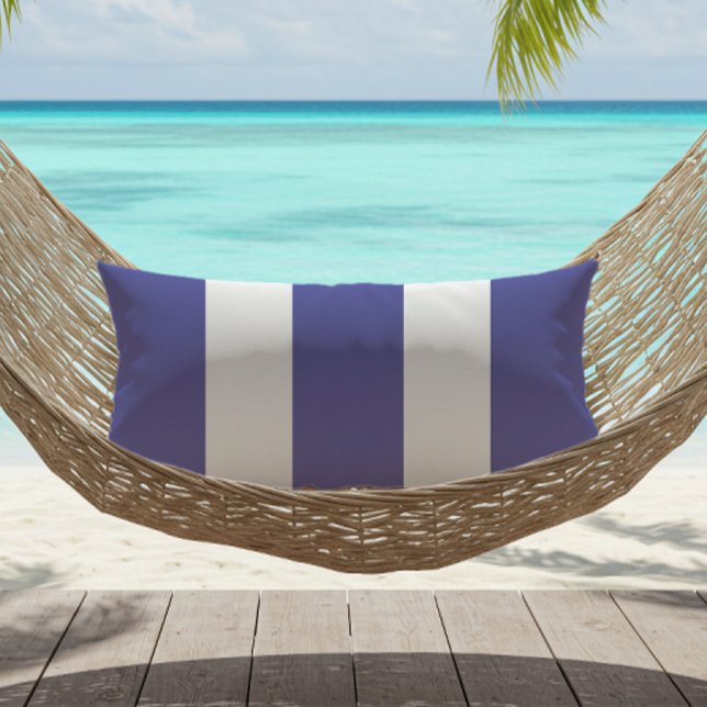 Periwinkle Blue White Cabana Stripes Outdoor Lumbar Pillow (Creator Uploaded)