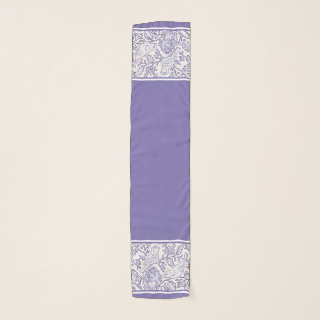 Periwinkle Blue & White Floral Bird Batik Drawing Scarf (Front)