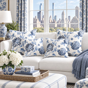 Periwinkle Blue & White Floral Toile No.2 Throw Pillow