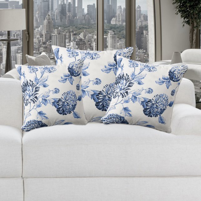 Periwinkle Blue & White Floral Toile No.2 Throw Pillow (Creator Uploaded)