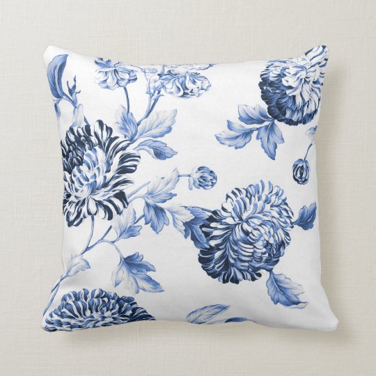 Periwinkle Blue & White Floral Toile No.2 Throw Pillow