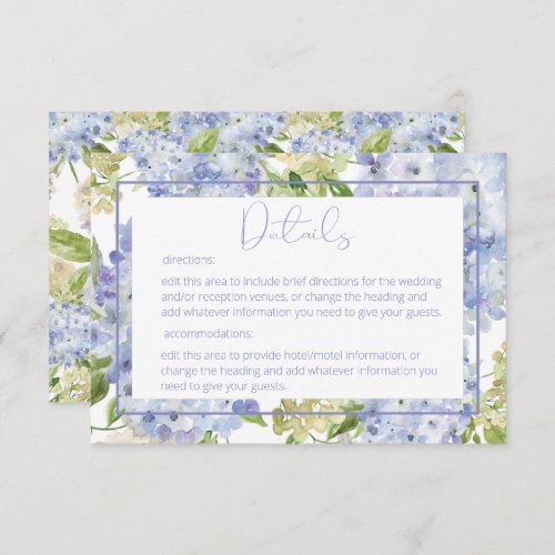 Periwinkle Blue White Hydrangea Details Wedding Enclosure Card