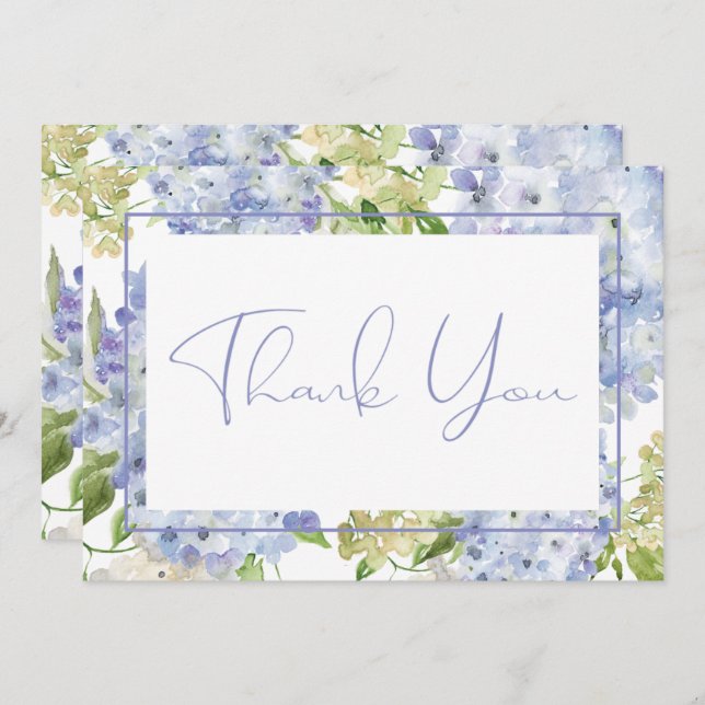 Periwinkle Blue White Hydrangeas Wedding Thank You Card (Front/Back)