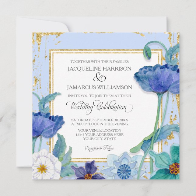 Periwinkle Blue White Watercolor Floral Gold Frame Invitation (Front)