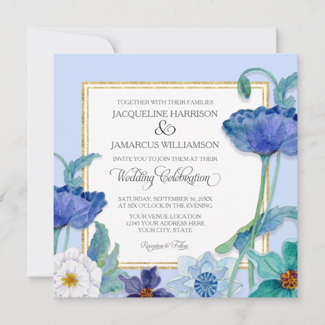 Periwinkle Blue White Watercolor Floral Poppy Leaf Invitation (Front)