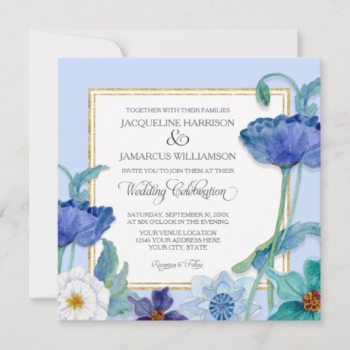 Periwinkle Blue White Watercolor Floral Poppy Leaf Invitation