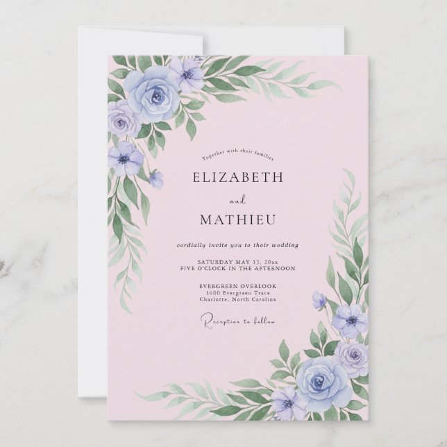 Periwinkle Blush Leafy Wedding Invitation (Front)