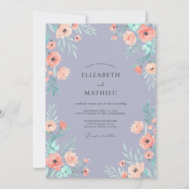 Periwinkle Blush Peach Peony Wedding Invitation (Front)