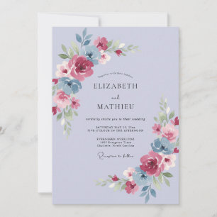 Periwinkle Burgundy Ranunculus Eucalyptus Wedding Invitation