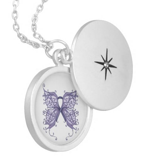 Periwinkle Cancer Ribbon with Butterfly Wings Silver Plated Necklace