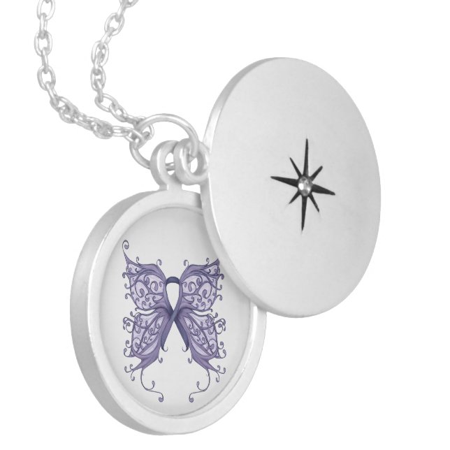 Periwinkle Cancer Ribbon with Butterfly Wings Silver Plated Necklace (Front Left)
