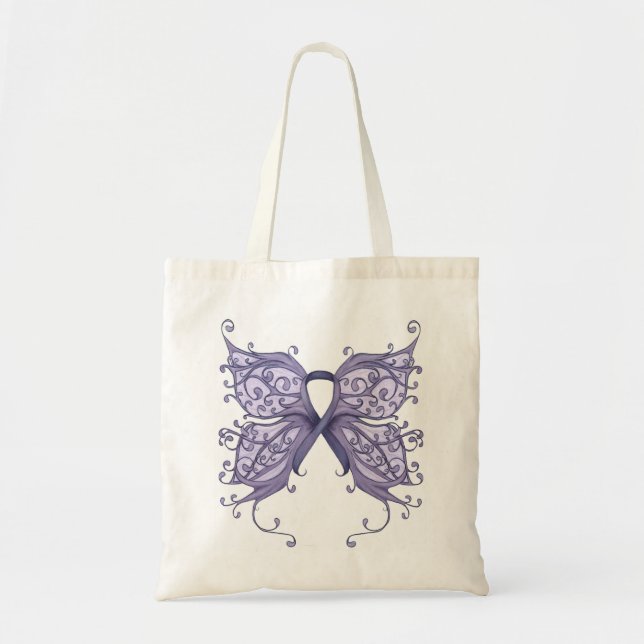 Periwinkle Cancer Ribbon with Butterfly Wings Tote Bag (Front)