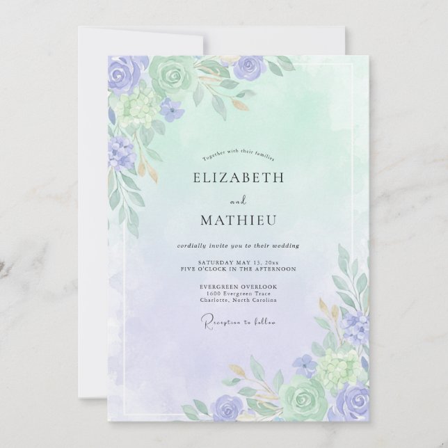 Periwinkle Celadon Leaf Wedding Invitation (Front)