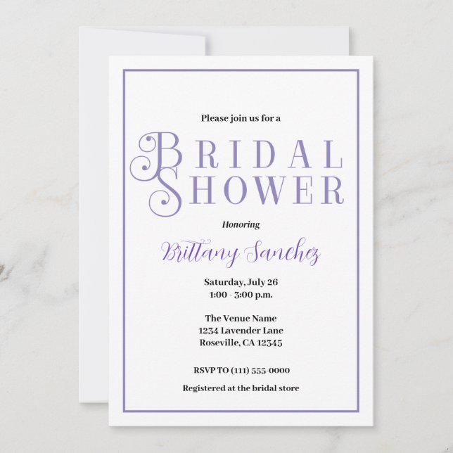 Periwinkle Classy Chic Bridal Shower Invitation (Front)