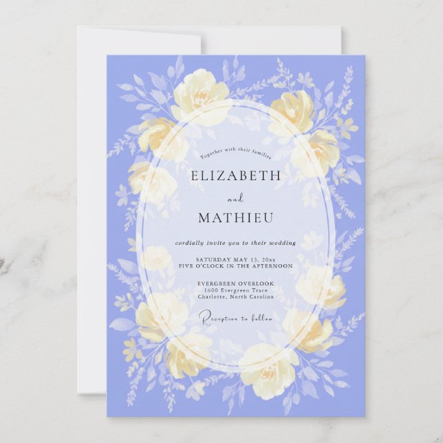 Periwinkle Cream Ranunculus Eucalyptus Wedding Invitation (Front)