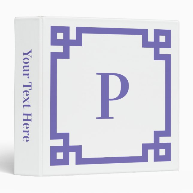 Periwinkle Decorative Greek Key Border Monogram 3 Ring Binder (Front/Spine)