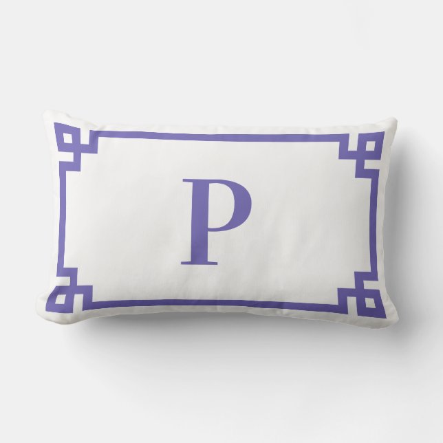 Periwinkle Decorative Greek Key Border Monogram Lumbar Pillow (Front)