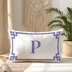 Periwinkle Decorative Greek Key Border Monogram Lumbar Pillow