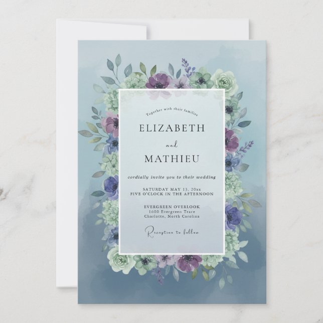 Periwinkle Dusty Lilac Wreath Wedding Invitation (Front)