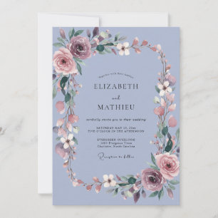 Periwinkle Dusty Pink Wreath Wedding Invitation