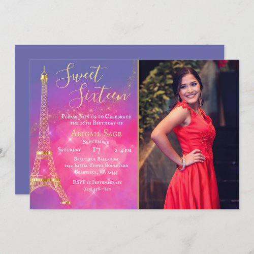 Periwinkle Eiffel Tower Sweet Sixteen Photo Invitation