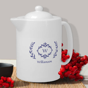 Periwinkle Elegant Monogram Name Modern Wreath Teapot