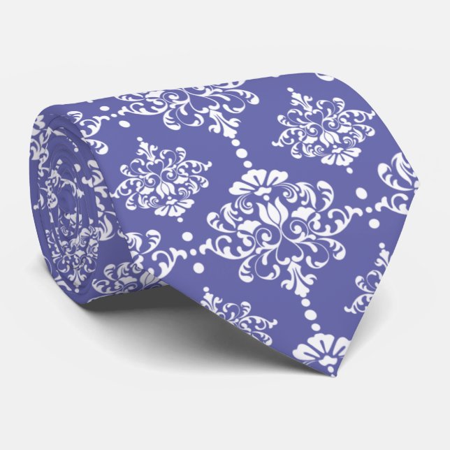 Periwinkle Floral Damask Pattern Groomsmen Wedding Neck Tie (Rolled)