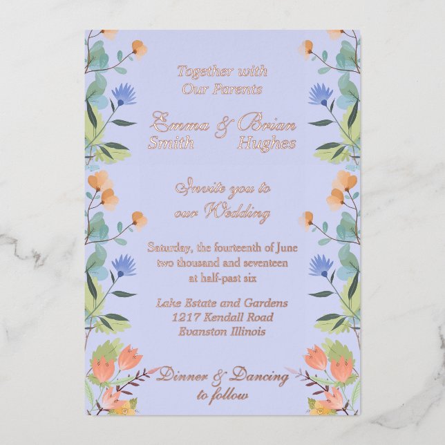 Periwinkle floral  foil invitation (Front)