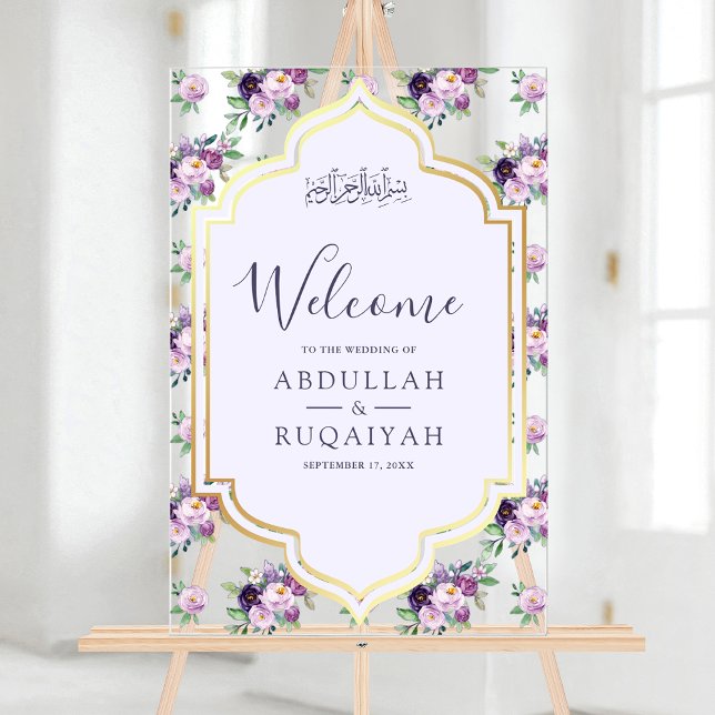 Periwinkle Floral Gold Muslim Wedding Welcome Acrylic Sign (Creator Uploaded)