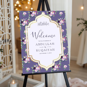 Periwinkle Floral Gold Muslim Wedding Welcome Sign