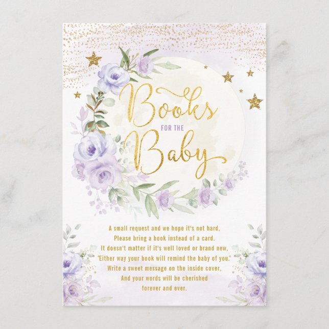 Periwinkle Floral Moon & Stars Books for Baby Girl Enclosure Card (Front)