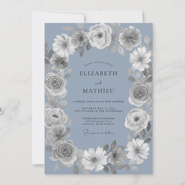 Periwinkle Floral Oval Romance Wedding Invitation (Front)