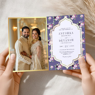 Periwinkle Floral Pattern QR Code Indian Wedding Invitation