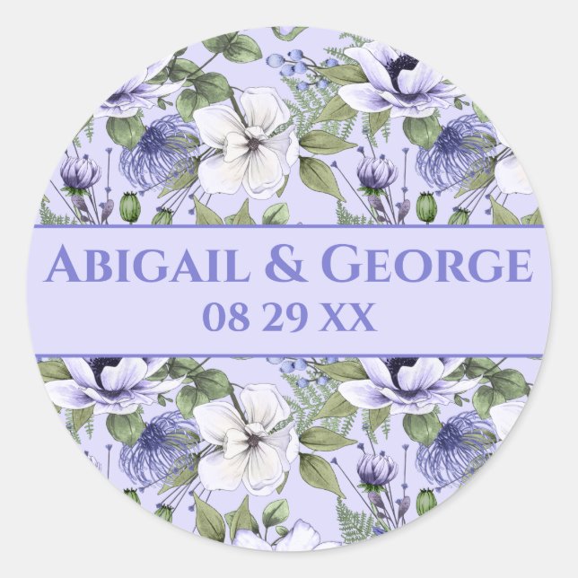 Periwinkle Florals Purple Wedding Favor Classic Round Sticker (Front)