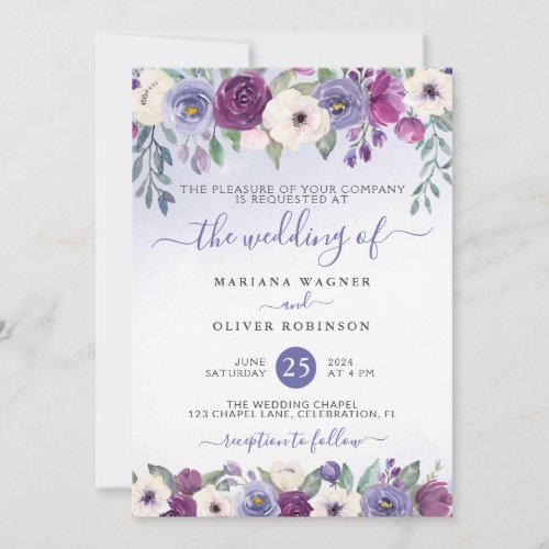 Periwinkle Fuchsia Blush Watercolor Floral Wedding Invitation