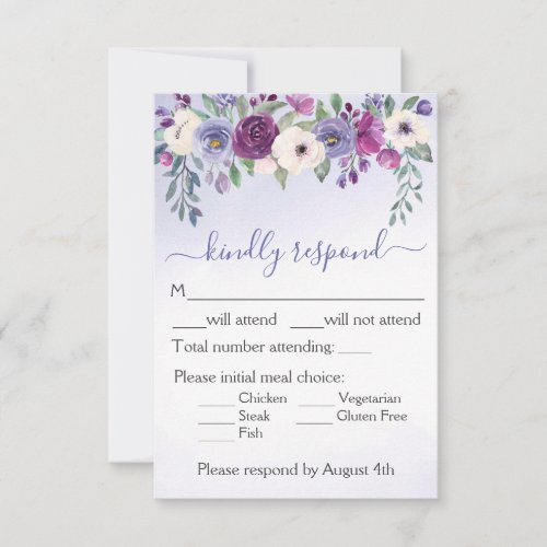 Periwinkle Fuchsia Blush Watercolor Floral Wedding RSVP Card