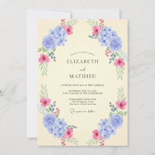 Periwinkle Fuchsia Hydrangea Eucalyptus Wedding Invitation
