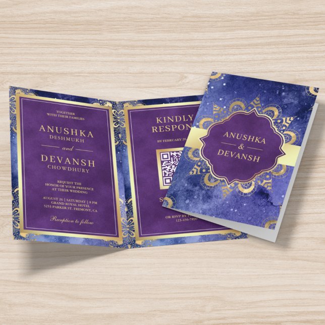 Periwinkle Galaxy Mandala QR Code Indian Wedding Invitation (Creator Uploaded)