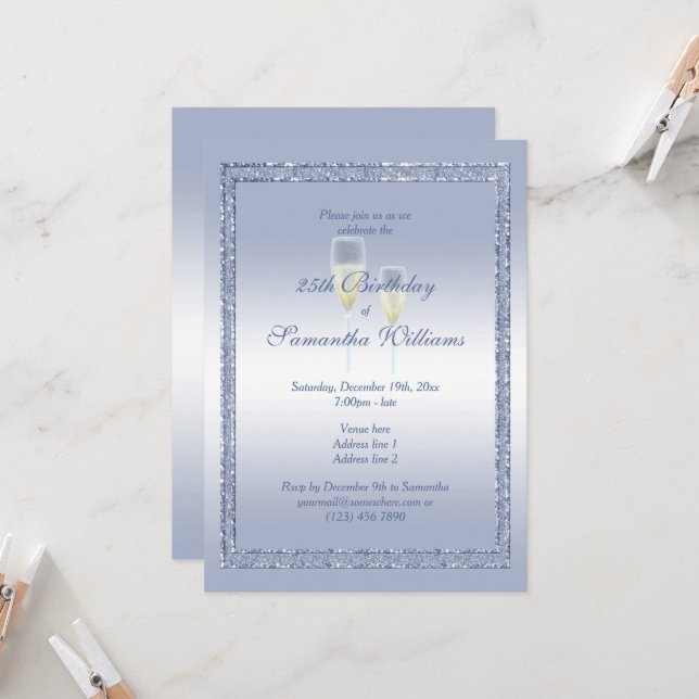 Periwinkle Glitter & Champagne Flutes Birthday Invitation (Front/Back In Situ)