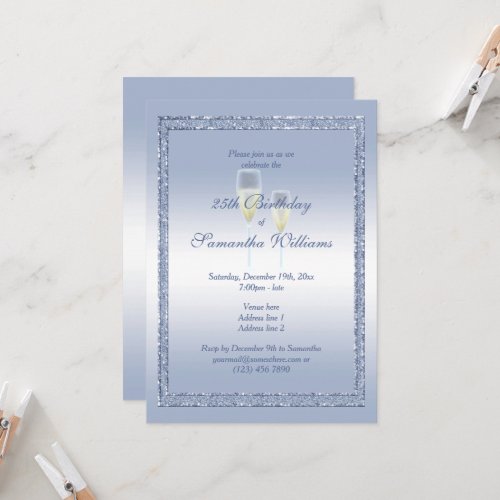 Periwinkle Glitter  Champagne Flutes Birthday Invitation