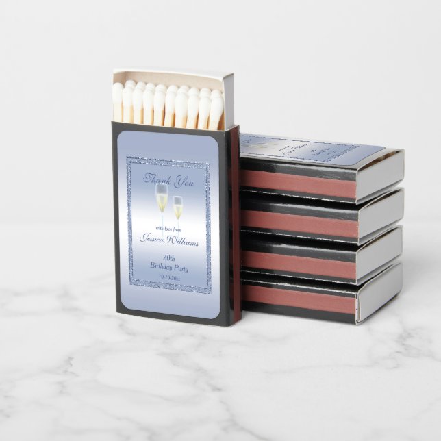 Periwinkle Glitter & Champagne Flutes Birthday Matchboxes (Stacked)