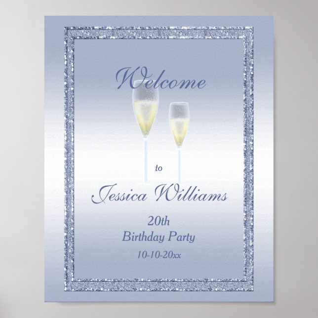 Periwinkle Glitter & Champagne Flutes Birthday  Poster (Front)