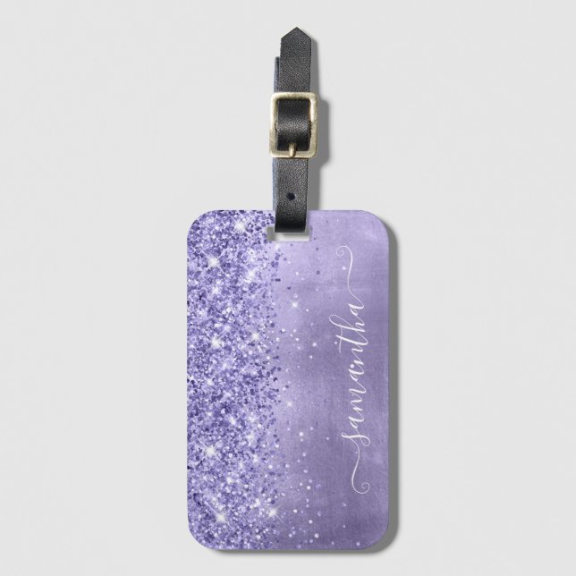 Periwinkle Glitter Lavender Blue Girly Signature Luggage Tag (Front Vertical)