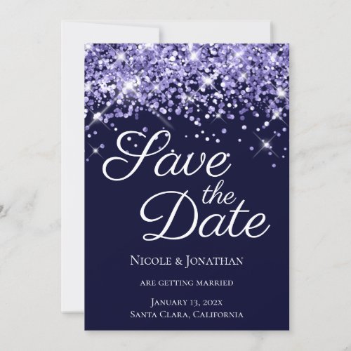 Periwinkle Glitter Navy Elegant Calligraphy Save The Date