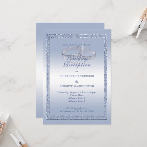 Periwinkle Glitter Silver Ring Wedding Reception  Invitation