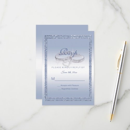 Periwinkle Glitter  Silver Wedding Rings RSVP Card