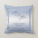 Periwinkle Glitter & Silver Wedding Rings   Throw Pillow<br><div class="desc">Beautiful stylish and very elegant wedding throw pillow with a glamorous periwinkle colored sparkly sequin border encased in a matching colored glitter frame printed on a pretty gradient background, in the background are two shiny silver wedding rings with diamond hearts decoration. A romantic design for your special day. All text,...</div>