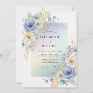 Periwinkle Gold Foliage Eucalyptus Wedding Invitation